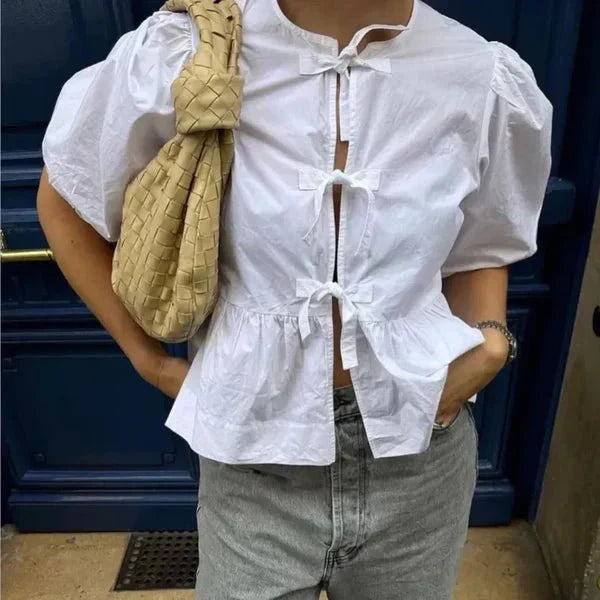 Women's White Blouse Puff Sleeve Cotton