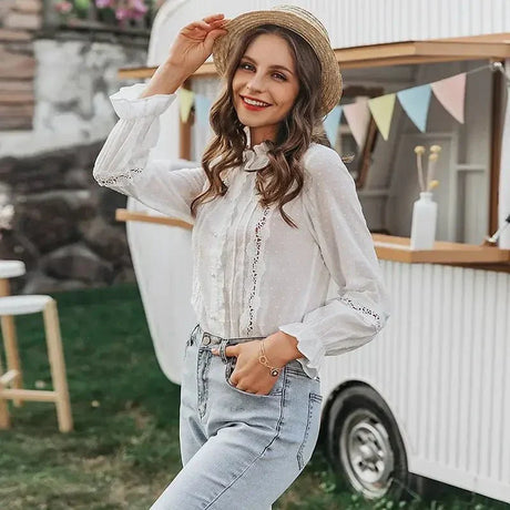 Women's Long Sleeve Blouse White Soft Fabric