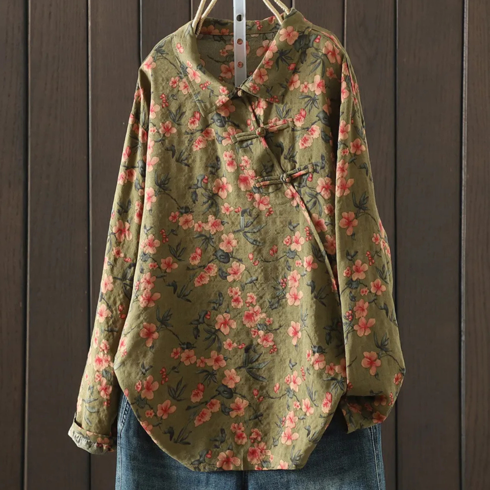 Women's  Olive Green Cotton Floral Shirt